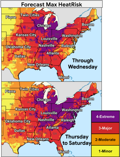 The NOAA Weather Prediction Center’s heat forecast, released June 29, 2026, shows the maximum heat risks states can expect to see at some point during the week ending Saturday, July 4.
              NOAA Weather Prediction Center