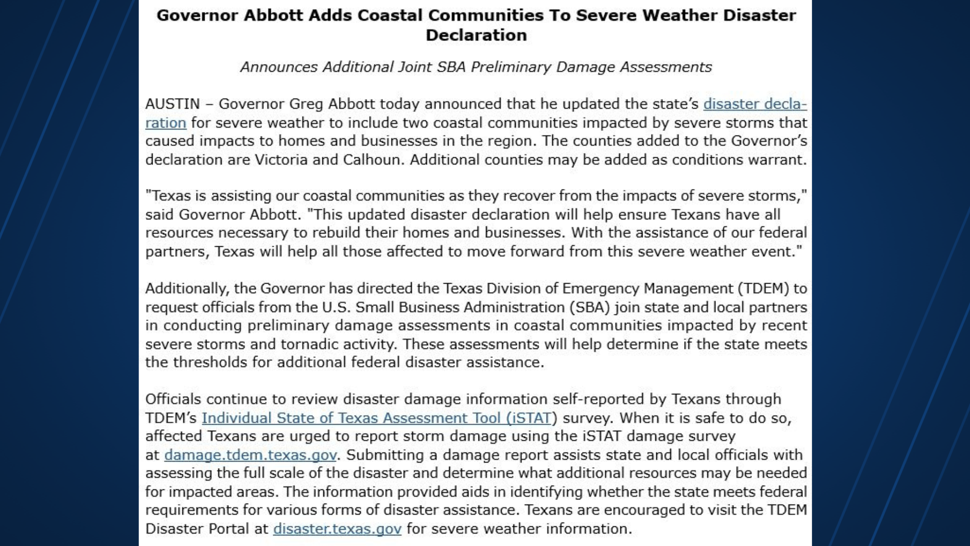 Victoria and Calhoun counties added to Texas severe weather disaster ...