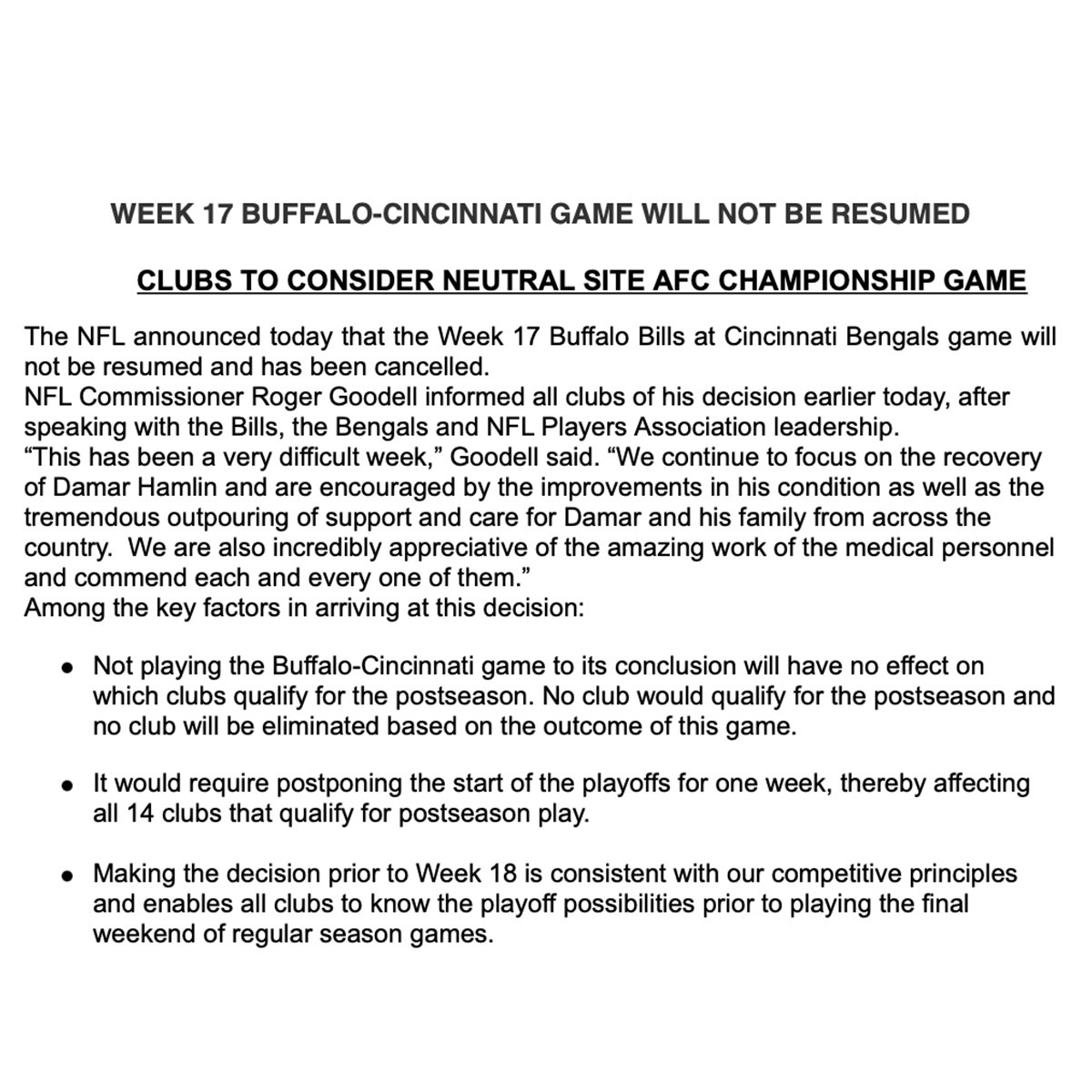 AP sources: NFL will not resume Bills-Bengals game