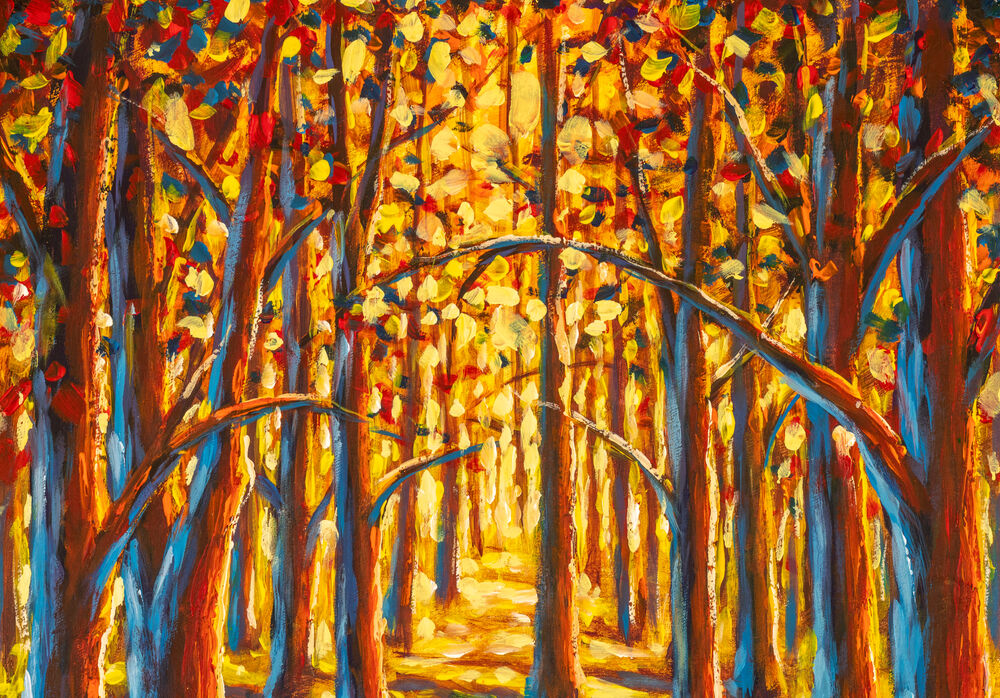 Original,Impressionism,Oil,Painting,Gold,Autumn,Tree,In,Forest,Park