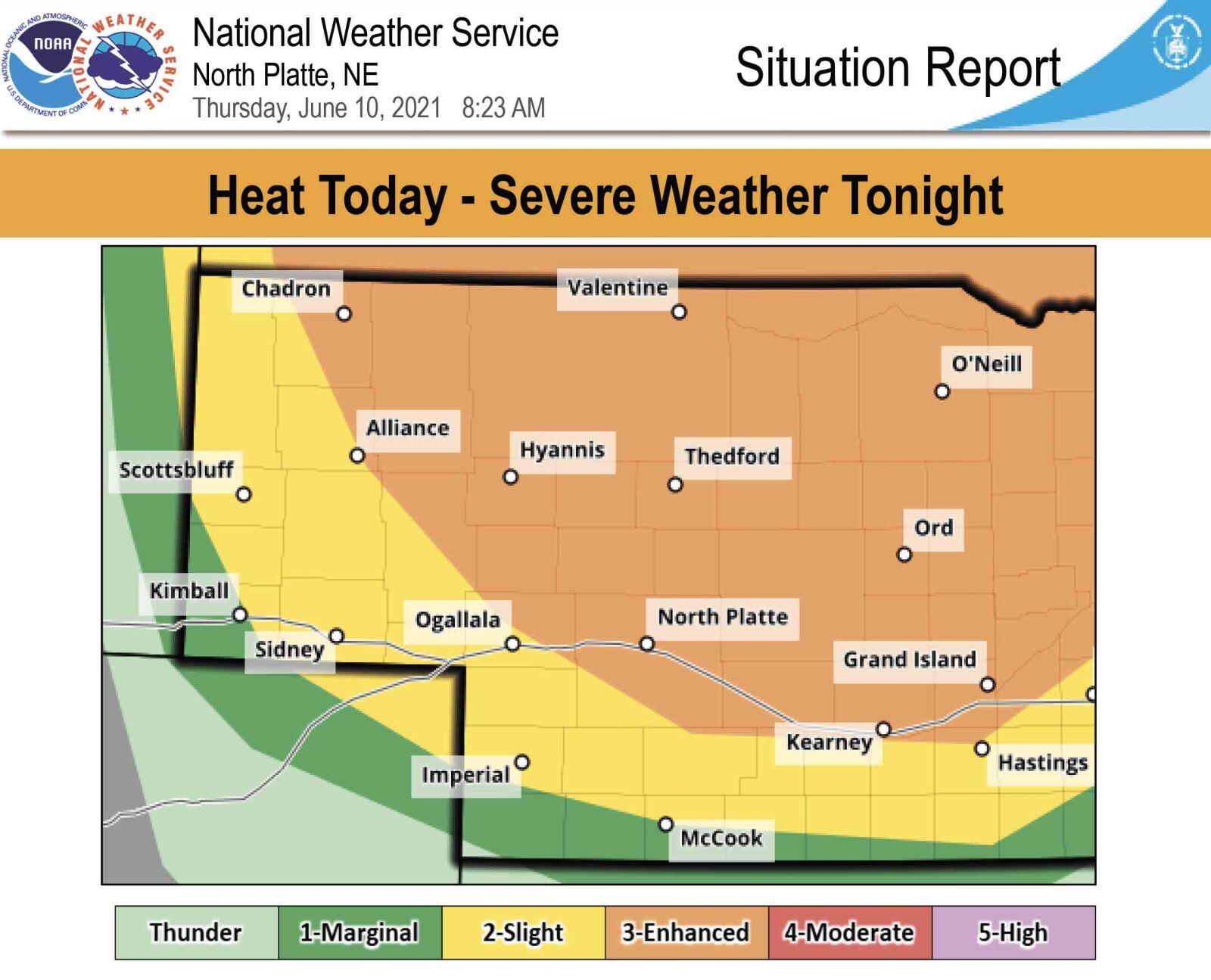 Severe weather threat moves south into central Nebraska, intense heat for today News