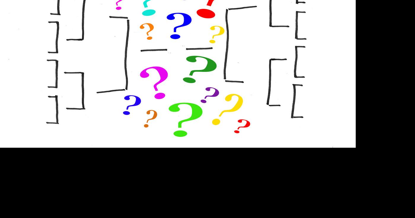 Tournament bracket diagram filled with colourful question marks