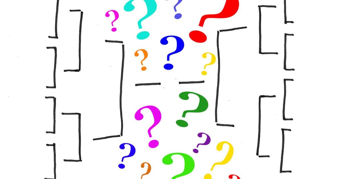 Tournament bracket diagram filled with colourful question marks