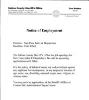 Sabine County Sheriff’s Office; Position: Part-Time Jailer & Dispatchers