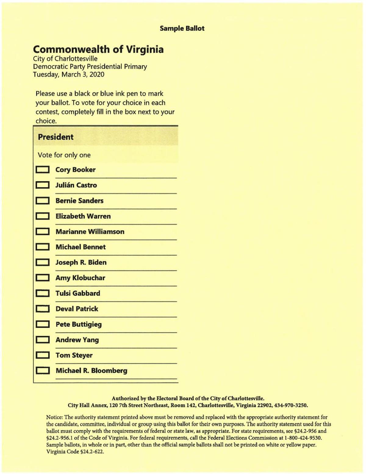 Democratic Primary Sample Ballot 2020 Dailyprogress Dailyprogress Com