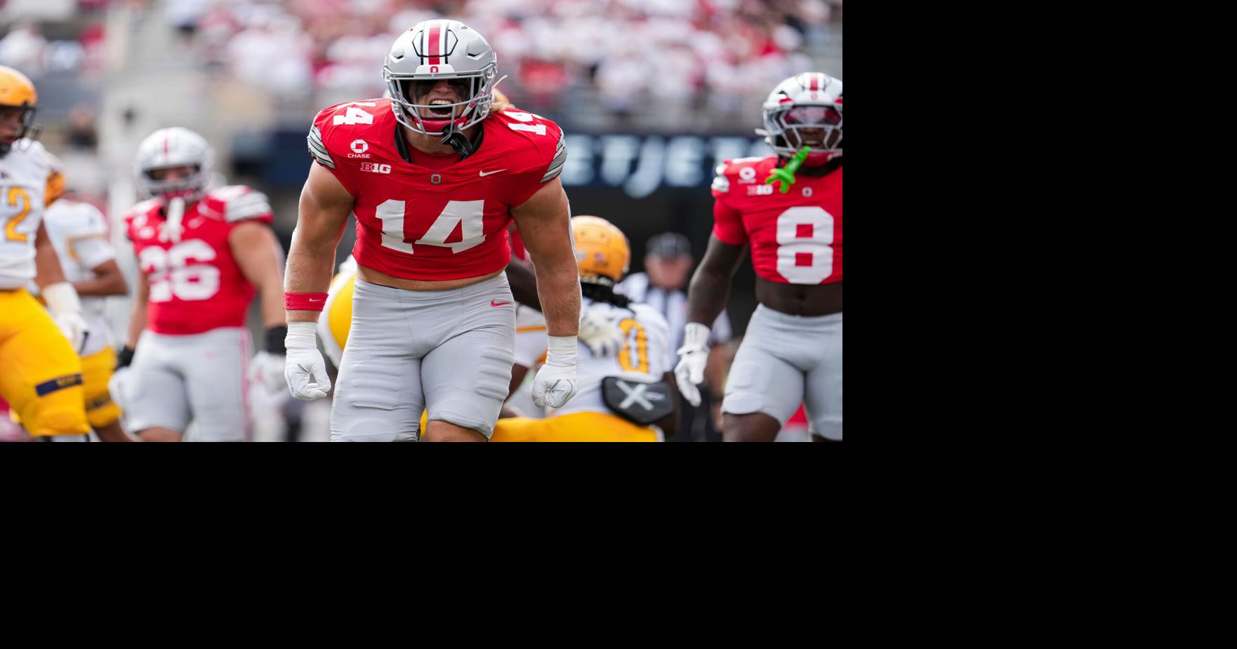 Ohio State Buckeyes linebacker Christian Alliegro (14) reacts during ...