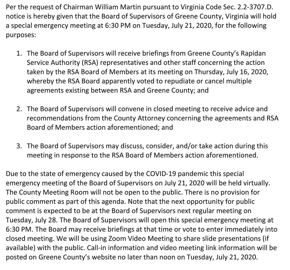 Emergency Meeting notice for July 21