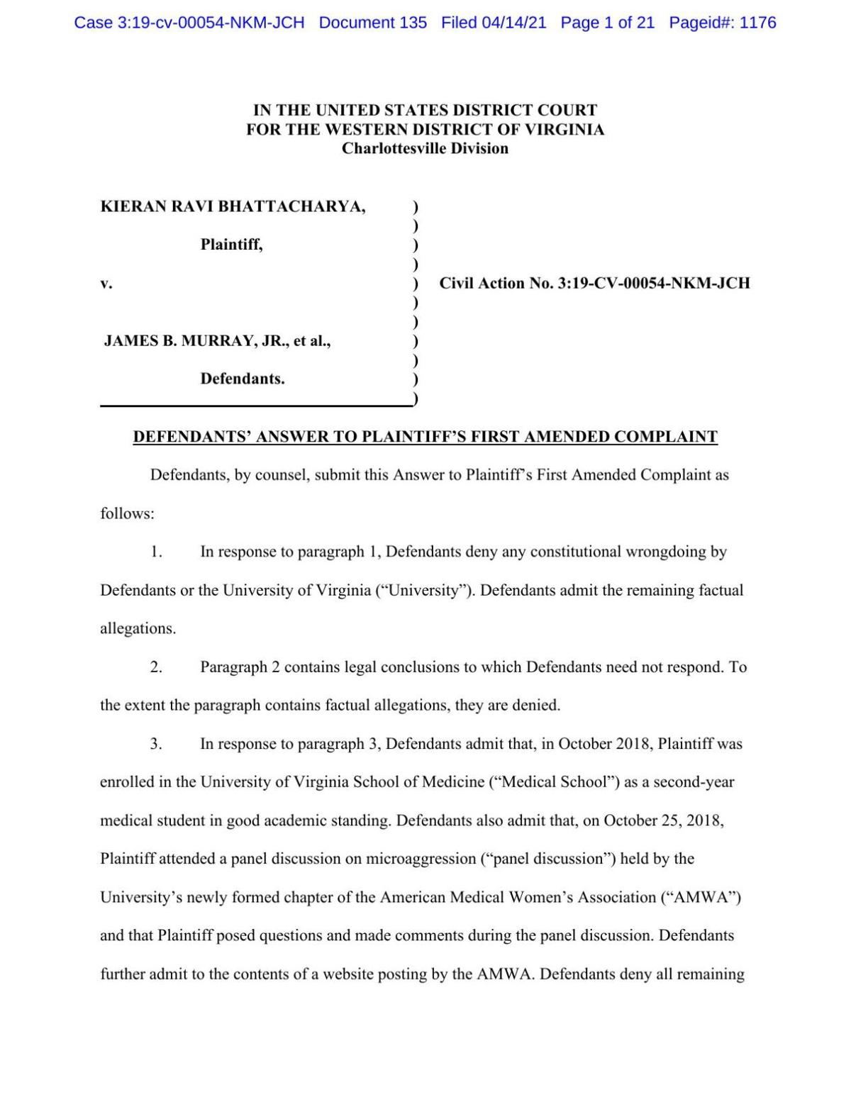 UVa answer to first amended complaint