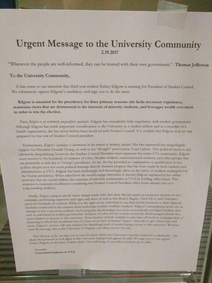 flier claims trump support disqualifies uva student council greek presidential election flyer
