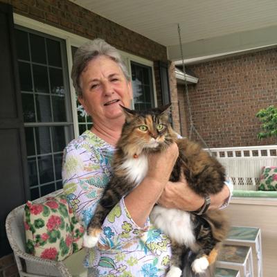 Tasha the cat with Sally Mickley of Rapidan