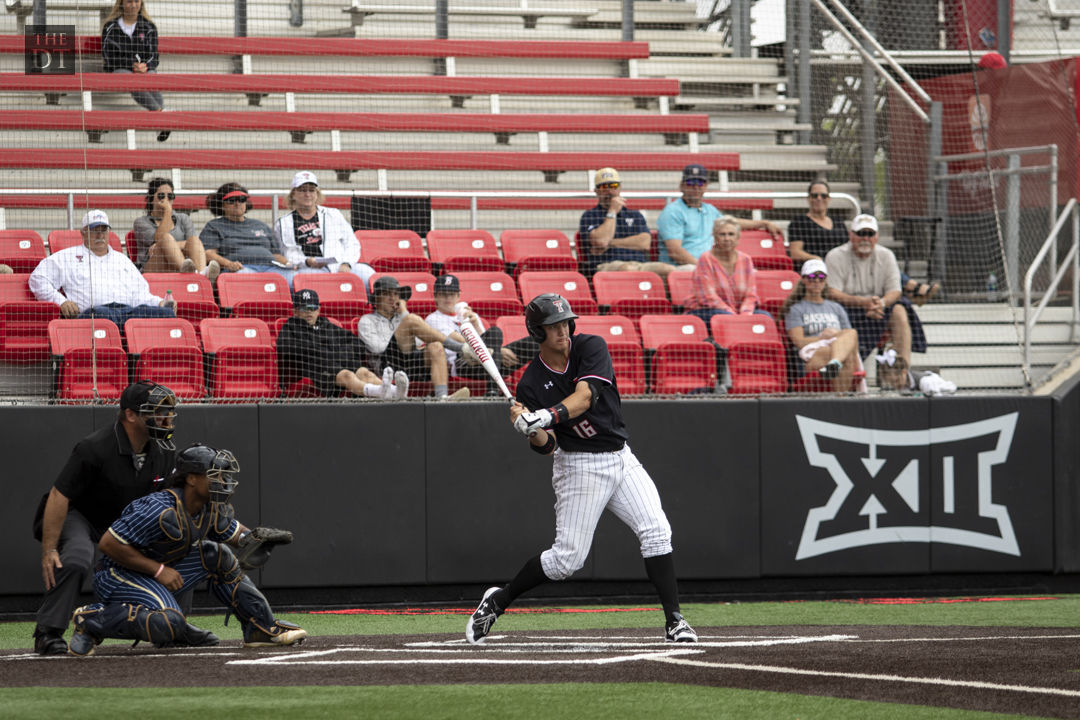 Oklahoma City, OK, USA. 23rd May, 2019. Texas Tech infielder Josh Jung (16)  at bat during a 2019 Phillips 66 Big 12 Baseball Championship second round  game between the West Virginia Mountaineers