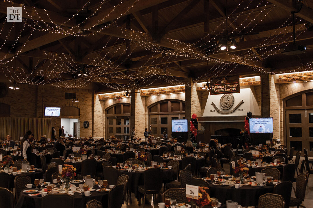 Frazier Alumni Pavilion is lit up for a special night