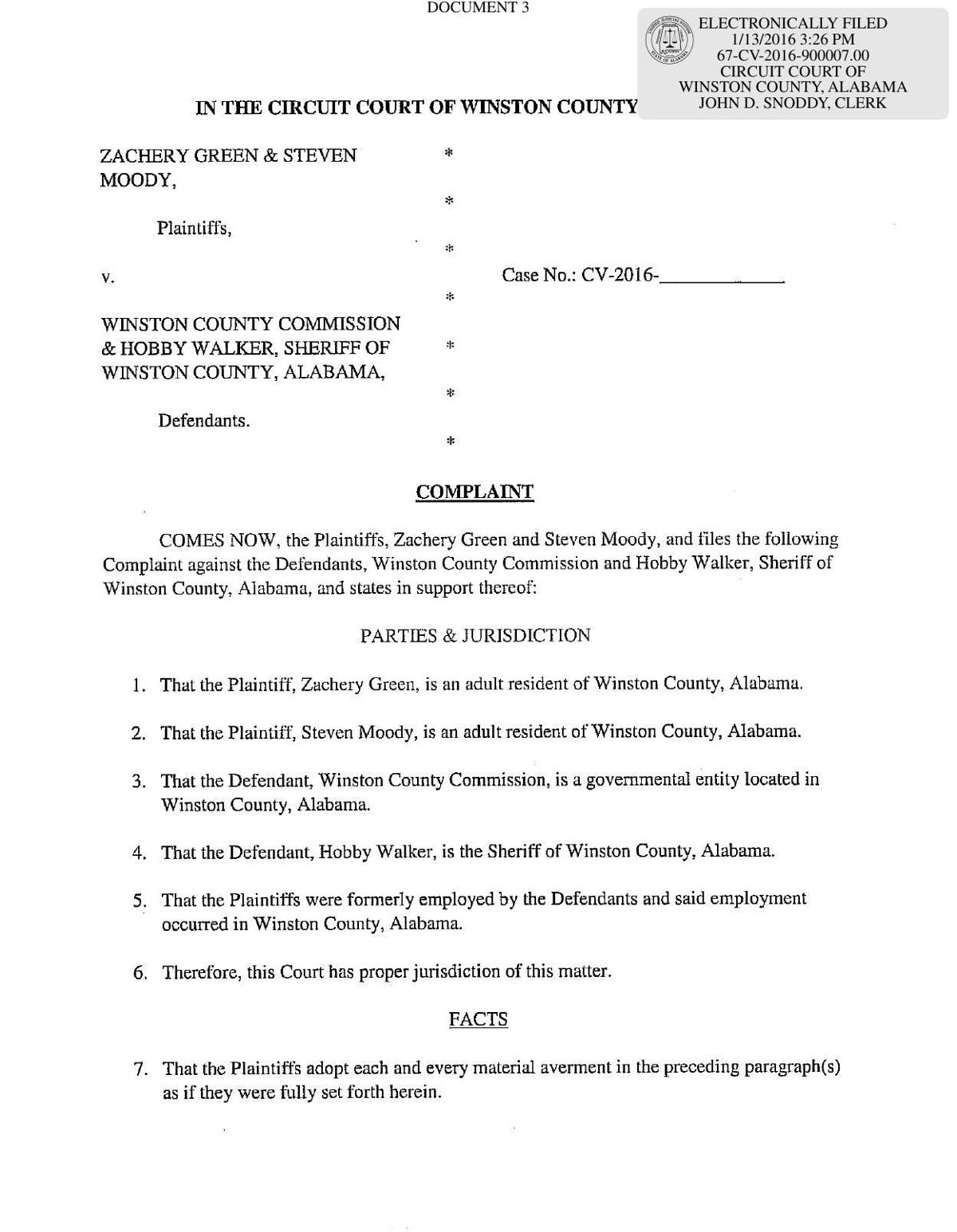 Wrongful termination lawsuit filed by Steven Moody, Zachery Green
