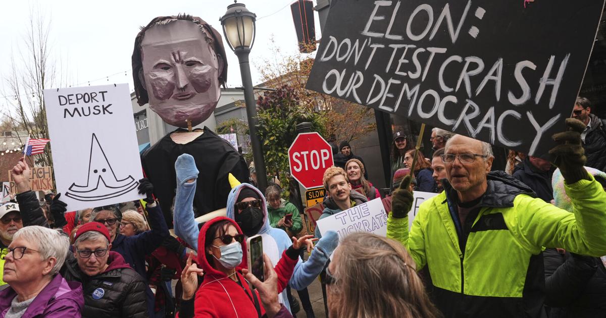 Protests against Elon Musk's purge of US government swarm Tesla
