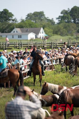 Saltwater Cowboy on horseback next to the fence-lined crowd.jpg