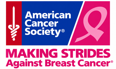 American Cancer Society with red blue and pink colors as well as a pink ribbon.
