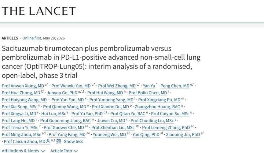 Sacituzumab Tirumotecan (sac-TMT) in Combination with Pembrolizumab for First-Line Treatment of PD-L1-Positive NSCLC Published in The Lancet