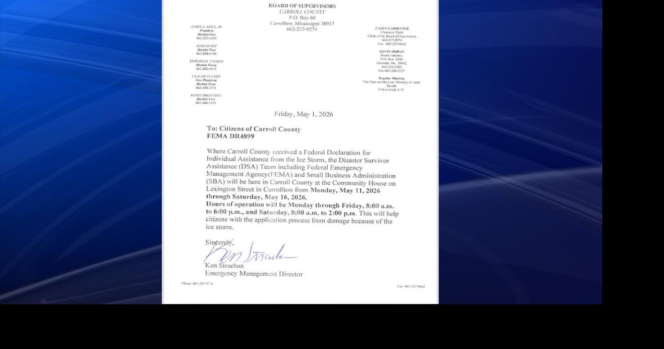 Carroll County to receive support from FEMA and SBA to help individuals apply for assistance with ice storm damage