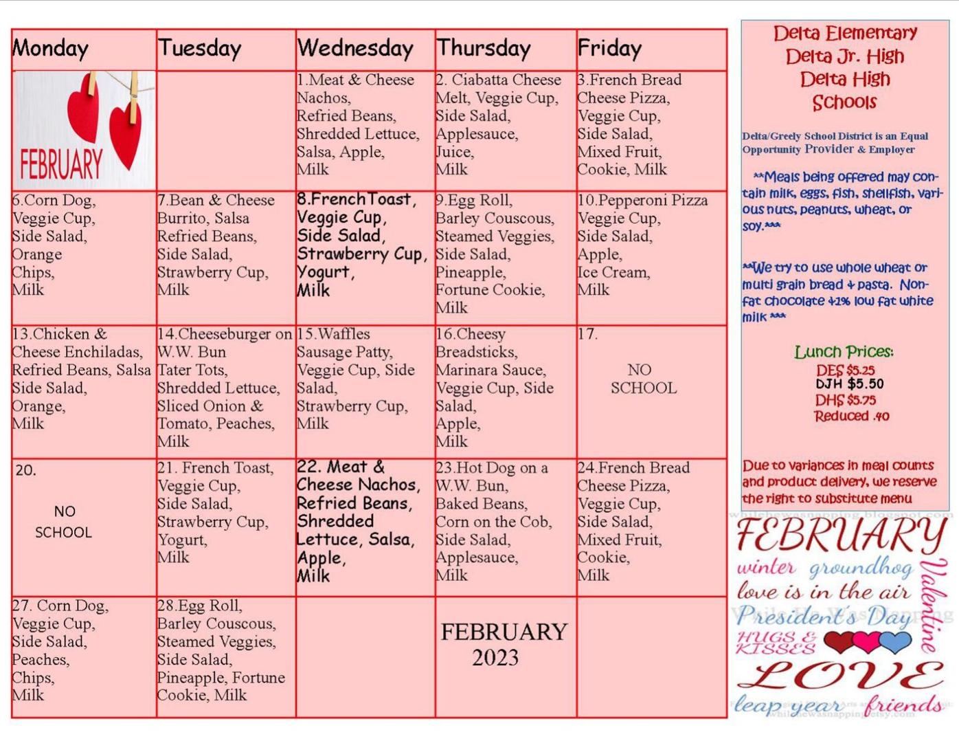 DGSD School Lunch Menu February 2023