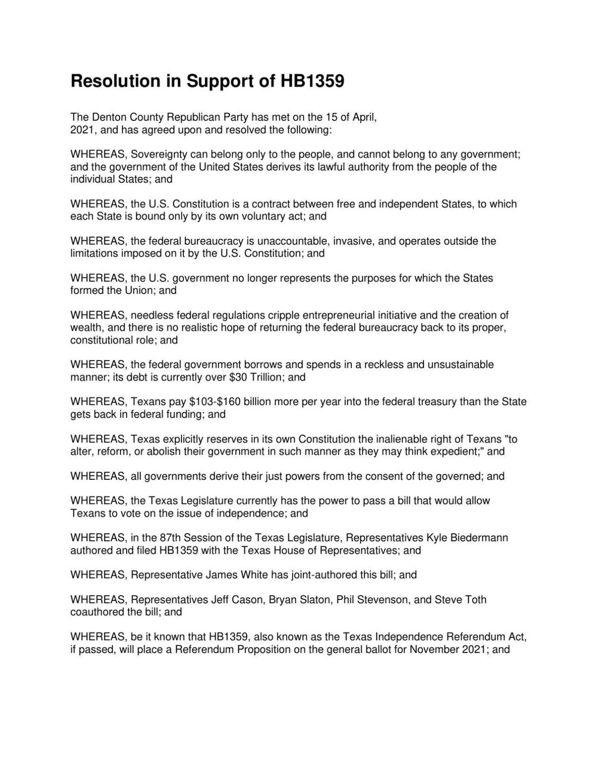 Denton County Republican Party resolution