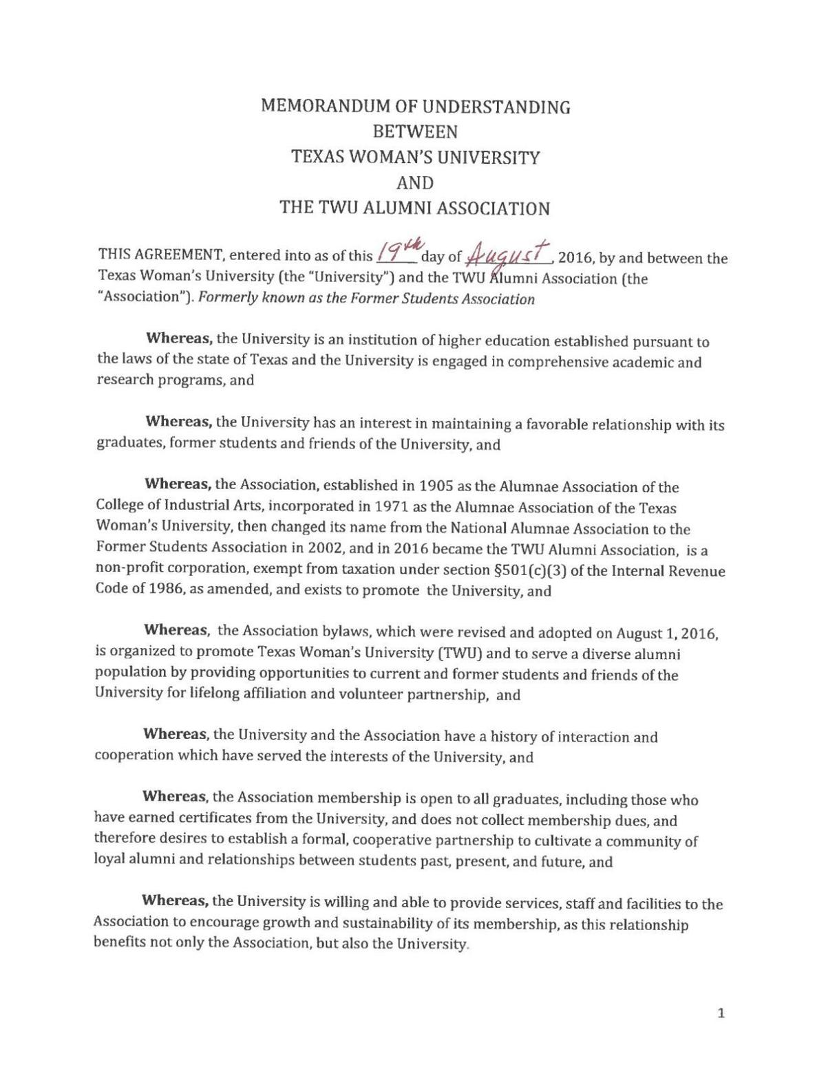Memorandum of Understanding between TWU & TWU Alumni Association
