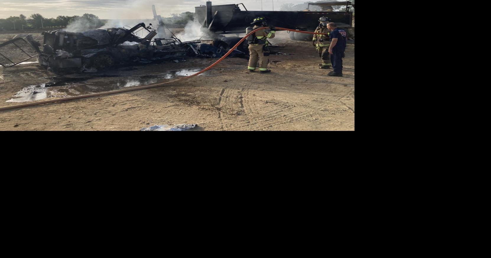Denton Fire Truck on fire after it hits power line Friday morning