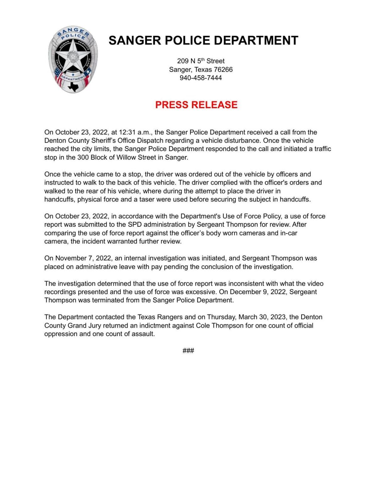 Sanger Police Department press release