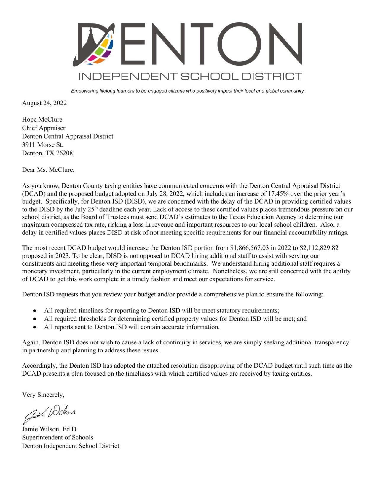 Denton ISD Disapproval Resolution Cover Letter | | Dentonrc.com