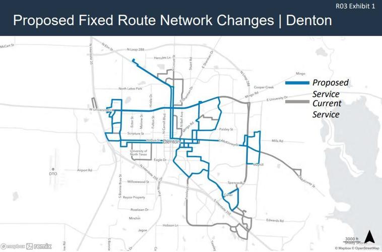 Proposed fixed route network changes in Denton