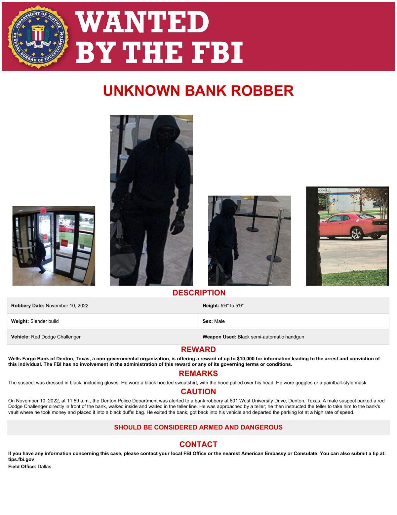 FBI Dallas Asks For Public’s Help To Identify Wells Fargo Bank Robber ...