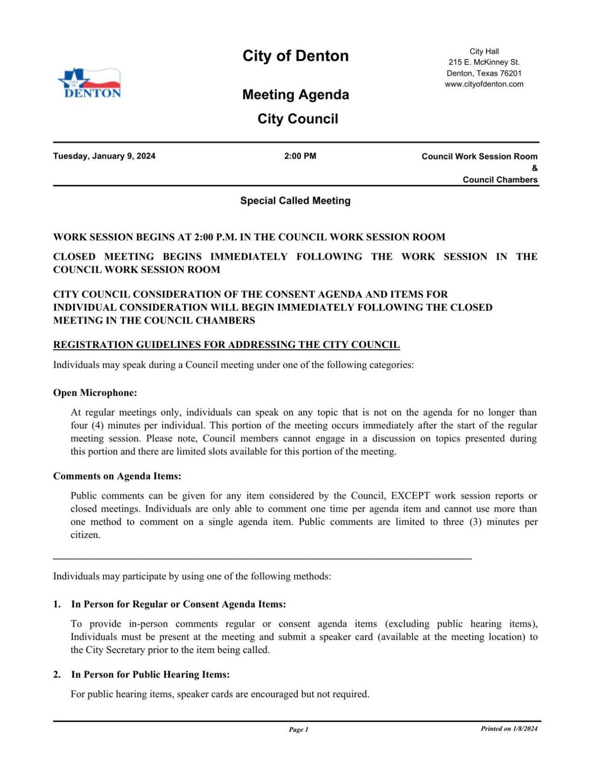 City of Denton Meeting Agenda, Jan. 9
