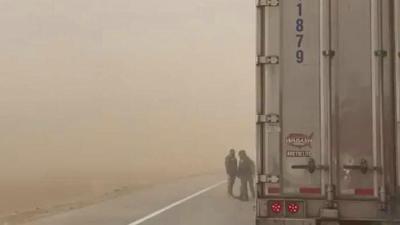Video screenshot courtesy of the Colorado State Patrol showing a dust storm sweeping through Highway 40 near Kit Carson on Friday, January 15, 2021.