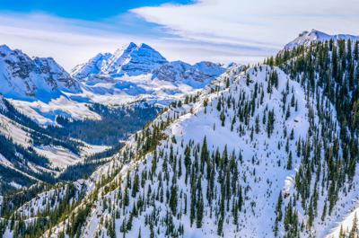 View of Maroon Bells peaks, Colorado, in winter
