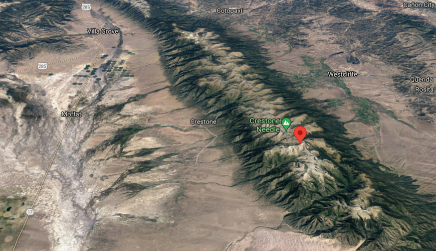 The red pin shows the location of Pico Aislado in relation to much of the Sangre de Cristo mountain range, the town of Crestone, and Crestone Needle, a notoriously difficult and dangerous fourteener. Map Credit: @2021 Google Maps.