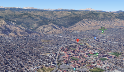 The red pin drop shows roughly where the alleged robbery took place in relation to Pearl Street Mall and University of Colorado Boulder. Map Credit: ©2023 Google Maps.