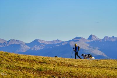 Woman and Dog Hiking Along Ridge with Stunning Mountain Views
