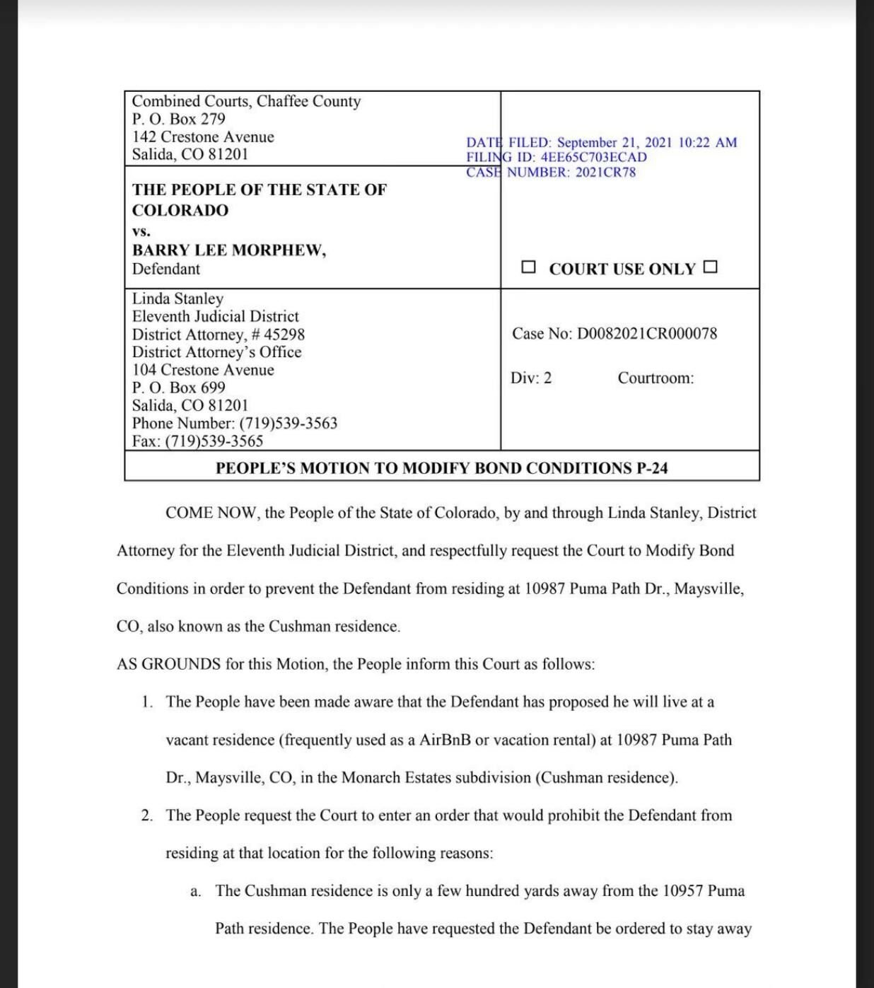 Barry Morphew Case Documents: Motion To Modify Bond Conditions ...