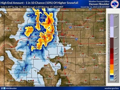 The 'high-end' 10-percent chance snowfall scenario through Wednesday morning. Photo Credit: National Weather Service.