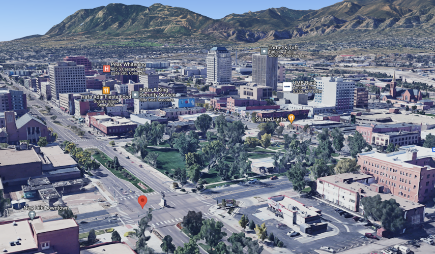 The red pin drop shows the intersection of Nevada in Platte in downtown Colorado Springs. Note the statue in the middle. Map render: ©2024 Google Maps.