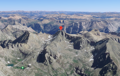The red pin on this map marks the summit of Windom Peak. Note: The Twin Lakes seen on the map is NOT the popular Twin Lakes destination in Colorado's Central Mountain region. This is another set of lakes that goals by the same name. Image Credit: ©Googl...