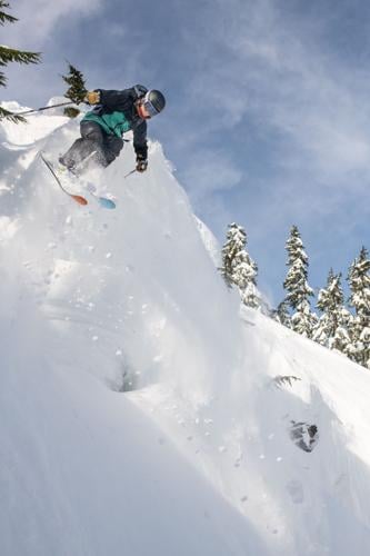 Cliff Jump with Ingrid Backstrom on Cowboy at Stevens Pass
