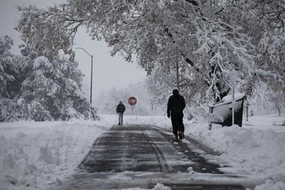 Parkgoers walk on a plowed section of road