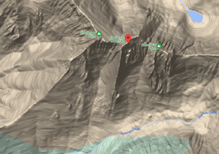 This map shows the location of Challenger Point and Kit Carson Peak, as well as the Spanish Creek Basin found beneath the southern slopes of Kit Carson. Photo Credit: @2021 Google Maps.