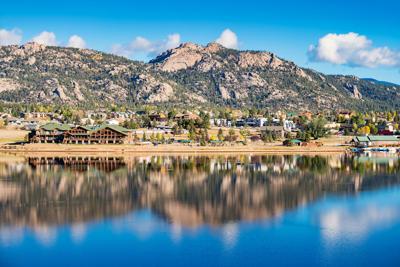 Town of Estes Park and Lake Estes in Colorado USA