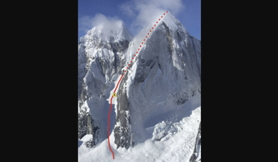 The "Escalator" route on Mt. Johnson, Denali National Park and Preserve. The X indicates the approximate location of the rescue of the surviving climbing partner. Photo: NPS Photo / J. Kayes