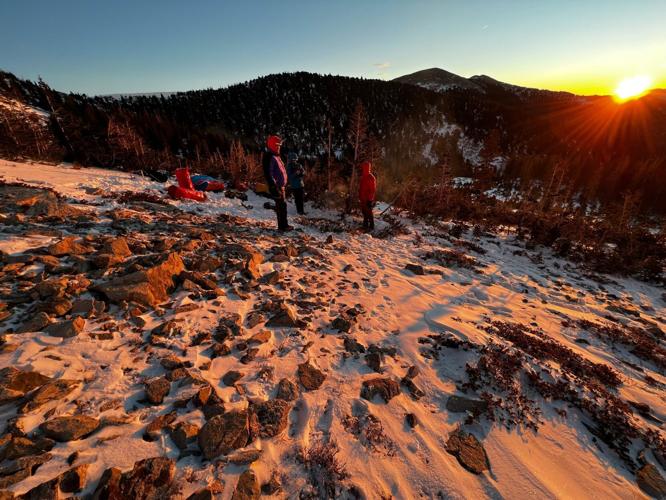 Sunrise hits search and rescue teams on Mount Yale after a frigid night of negative wind chills. Photo: Chaffee County Search and Rescue North.