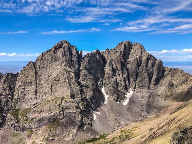 Crestone Needle (left) and Crestone Peak (right) as seen from nearby Humboldt Peak. Photo Credit: Spencer McKee