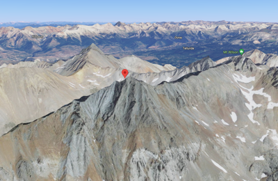 The red pin drop shows the rough location of El Diente Peak. Map Credit: ©2022 Google Maps.