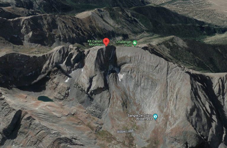 The image shows the location of Kit Carson Peak and Challenger Point. Image Credit: @2021 Google Maps.