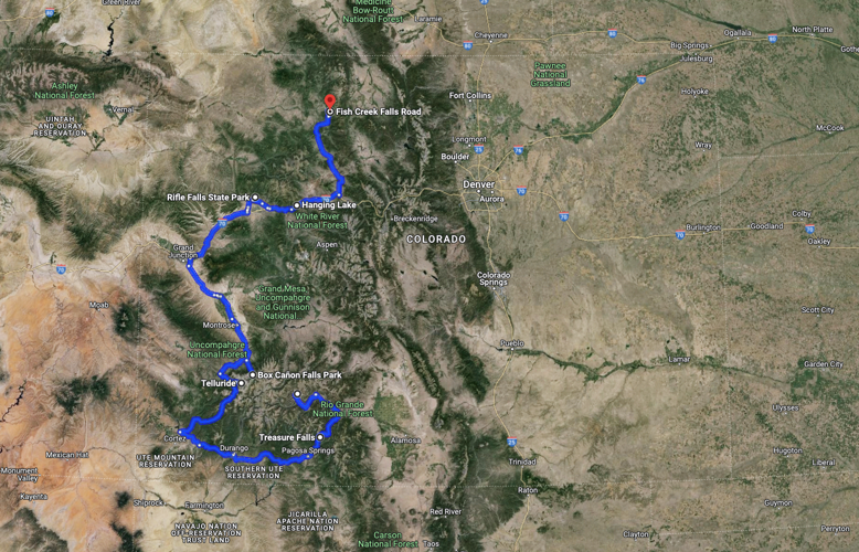 Here's a look at the full route for the 'ultimate waterfall road trip around Western Colorado. Map: ©2024 Google Maps.